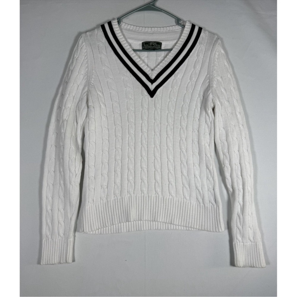 Ralph Lauren polo White Cable Knit Sweater with Black Trim